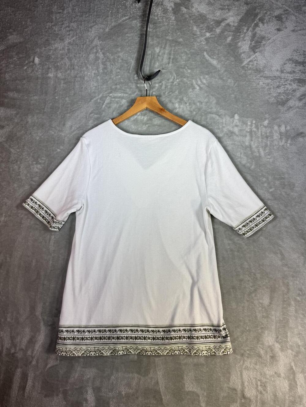 Karen Scott White and Olive Printed V-Neck Tunic Top, Size Large - Picture 3 of 3